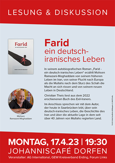 Flyer zur Lesung "Farid - ein deutsch-iranisches Leben" am 17.4.23 im Johanniscafé, Dorfen