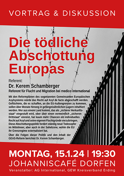 Plakat "Die tödliche Abschottung Europas am 15.1.24 im Johannicafé"